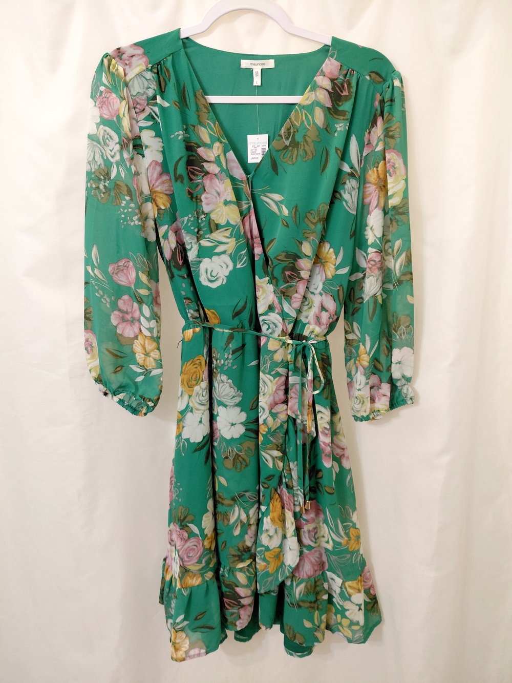 NWT SZ L Maurices Green Floral Dress with Pink Blooms Ruffled Hem